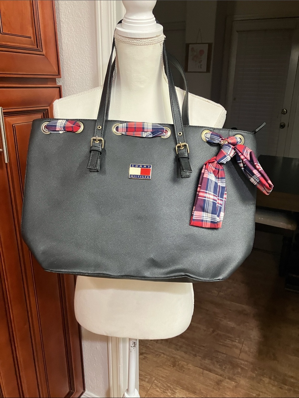 Y2k Tommy Hilfiger Black Tote with Red & Navy Plaid Accents